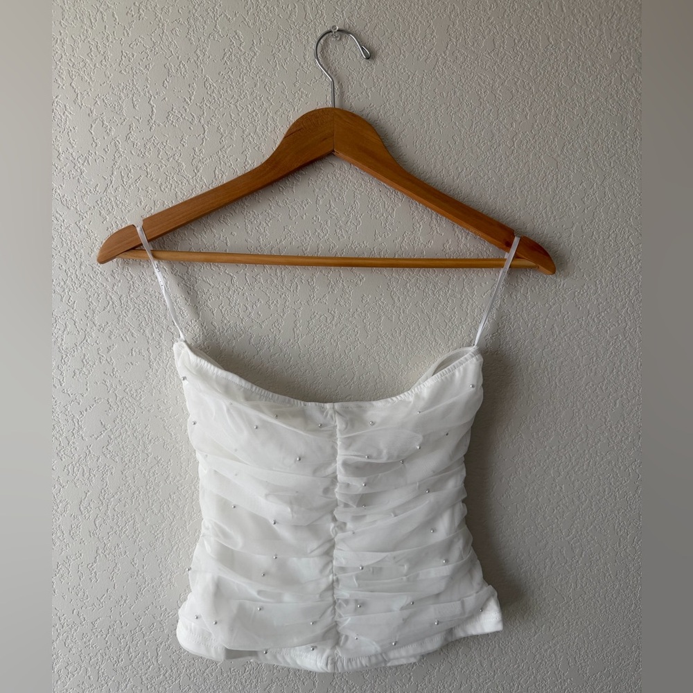 Lulu's White Mesh Pearl Strapless Crop Top - Picture 4 of 4